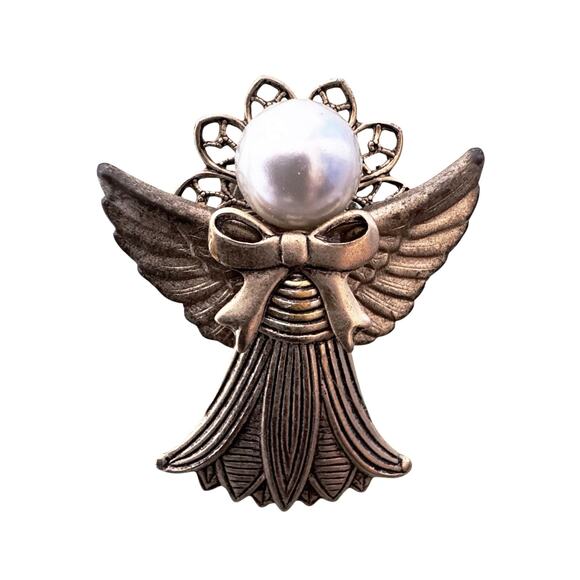 Angel Pin Faux Pearl Gold Tone Vintage Collectible Gift Mom Grandma Hat Jacket - Picture 1 of 5
